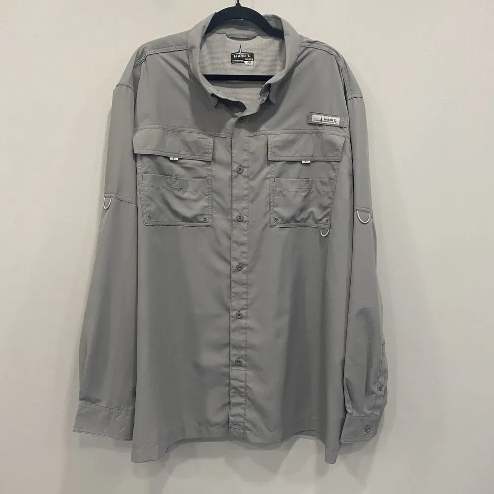 Habit Mens 2XL Gray Vented Outdoor UPF 40+ Long Sleeve Button-Up Fishing Shirt - Picture 11 of 16
